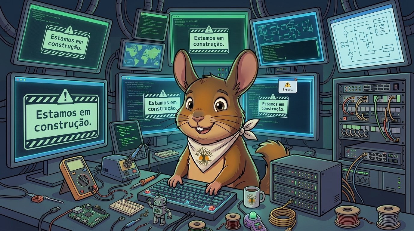 Maru, a viscacha da Tamarugo Turismo, digitando numa sala cheia de monitores com o aviso: estamos em construção